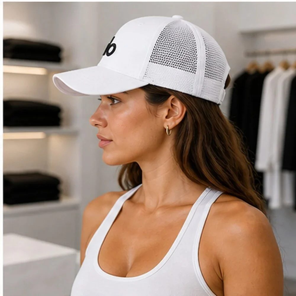 ALO Yoga White Black Pilates Mesh Trucker Cap Hat Logo